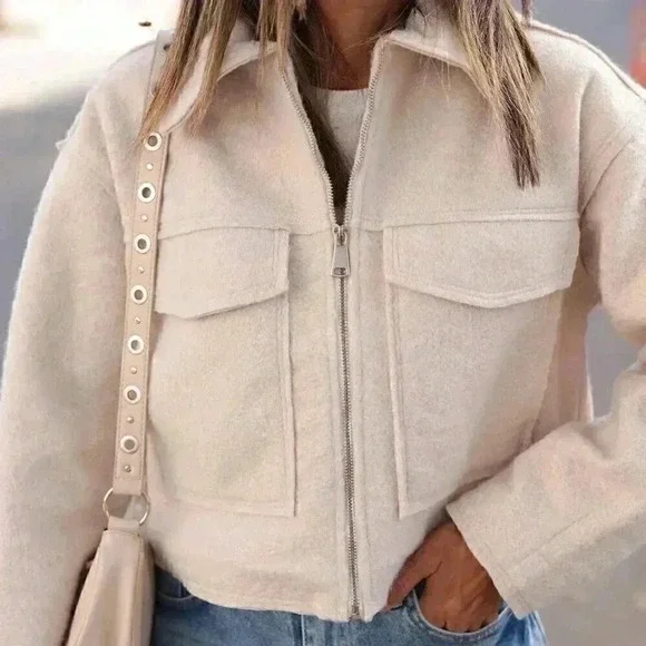 Beige Casual Women's Solid Color Woolen Jacket Top - Picture 5 of 8